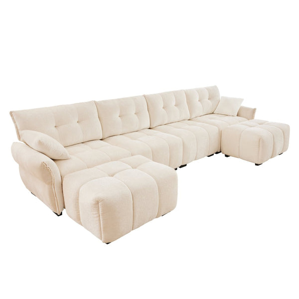 English Elm 4-seater Chenille Sofa Set with Ottomans Solid Wood Frame Tufted Living Room White W714S01658