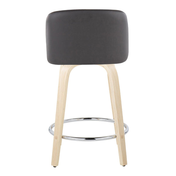 English Elm Fixed-height Swivel Counterstools Natural Wood Grey Faux Leather Chrome Footrest Pair B202S01768