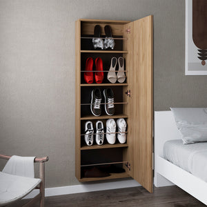 English Elm Wall Mounted Shoe Rack with Mirror Door, Macadamia Beige Engineered Wood, Holds 10 Pairs, Slim 54.3" H x 18.5" W x 8.1" D B092P309187