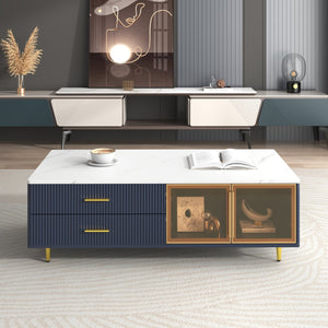English Elm Modern Blue MDF Coffee Table 47.2" with Marble White Top, Gold Legs, 2 Glass Doors, 4 Drawers, LED N735P167910