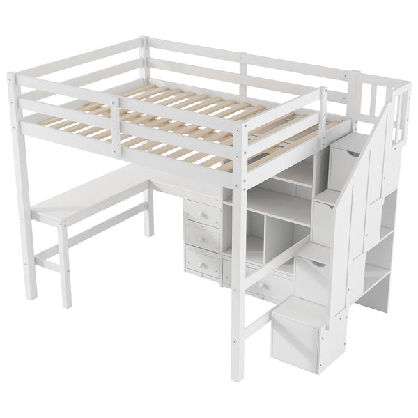 English Elm Full Full Size Loft Bed with L-Shaped Desk, Drawers, Cabinet and Staircase Storage for Space-Saving Rooms White GX000469AAK
