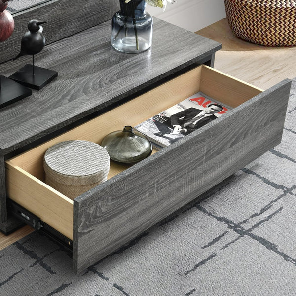 English Elm Lorena Grey Floor Mirror with LED, Built‑in Speaker & Drawer — Solid Wood/MDF, Space‑Saving Style B201S00442