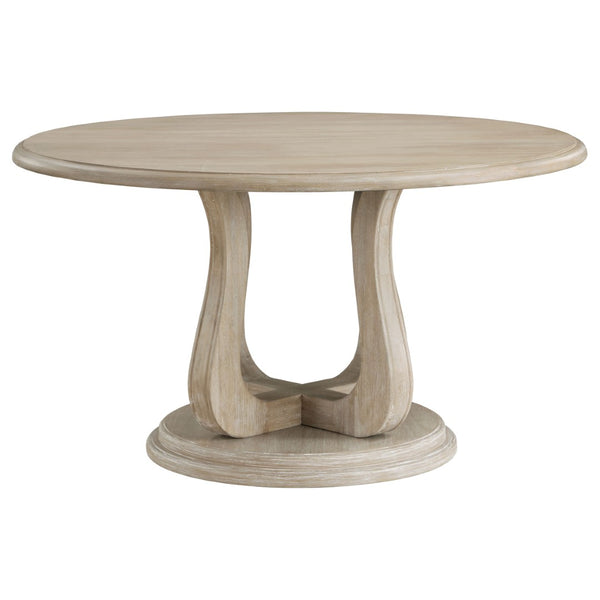 English Elm Rodota Round Pedestal Dining Set Whitewash Rubberwood Table Four Upholstered Chairs B062S01772