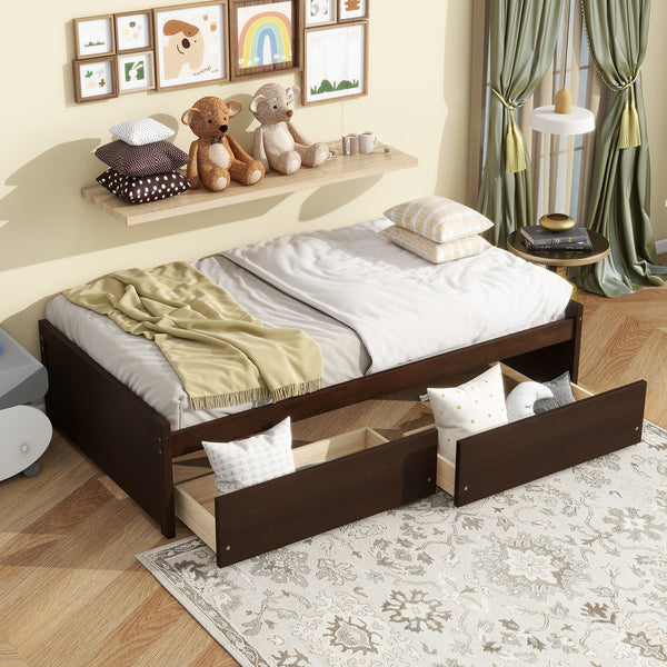 English Elm Twin Twin Size Bed with 2 Drawers Solid Rubber Wood Frame, Space-Saving Storage and Easy Assembly Espresso W504P313038