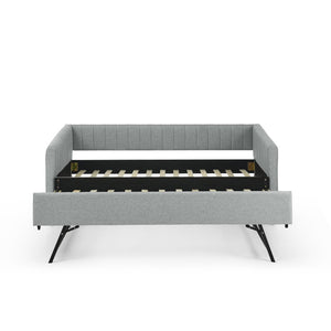 English Elm Twin Size Daybed With Trundle - Stylish Grey Linen Upholstered Sofa Bed With Vertical Stripes W1413S00089-GIGA