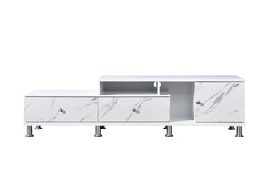 English Elm 1pc Timeless Entertainment Console with Faux Marble Top, Antique Two-Tone Finish, Sliding Doors and Drawers White 18.11 L x 73.43 W x 19.09 H B2741P295128