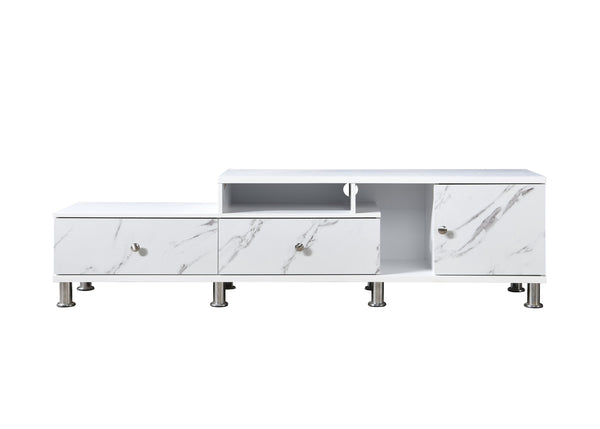 English Elm 1pc Timeless Entertainment Console with Faux Marble Top, Antique Two-Tone Finish, Sliding Doors and Drawers White 18.11 L x 73.43 W x 19.09 H B2741P295128