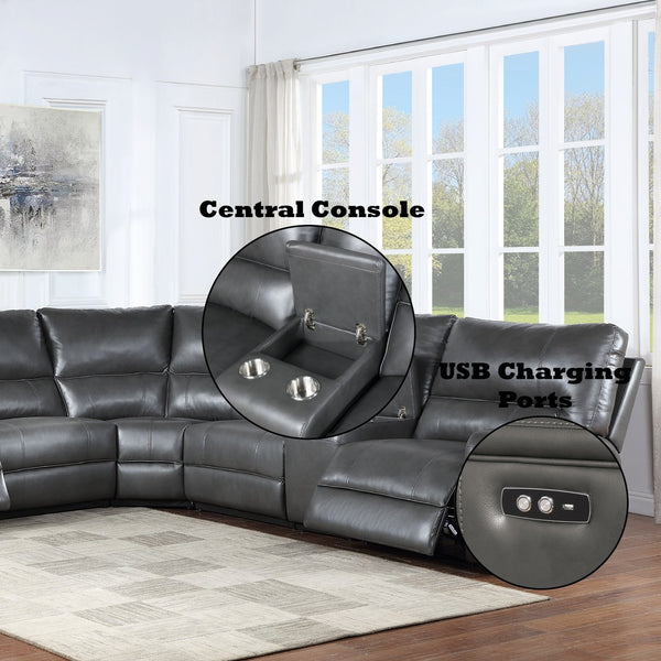 English Elm Saul Gray Faux Leather Power Motion Sectional Sofa with USB Ports, Cupholder Console & Storage B2726S00122
