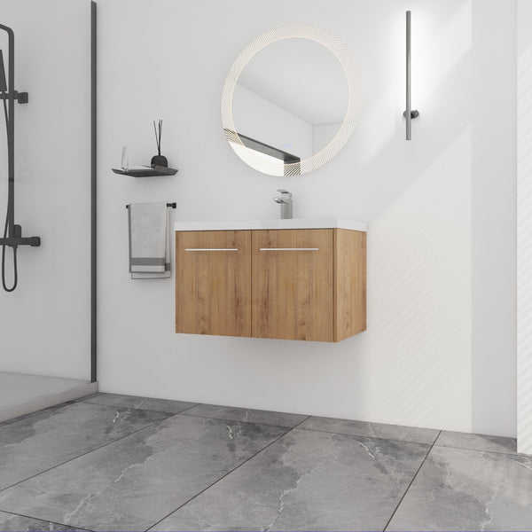 English Elm 30 30 Inch Soft Close Vanity with Resin Sink, Open Shelf Storage & Rust‑Resistant Metal Handles, KD-Pack W999P188194