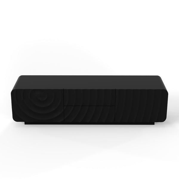 English Elm 58''tv Console Sculpted Spiral Wave Relief Walnut Mid-century Media Stand with Storage Black W2263P412355