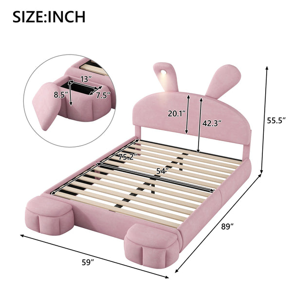 English Elm Full Full Size Upholstered Platform Bed with Cute Cartoon Ear Headboard, LED Light, Pink Velvet Cozy Retreat N709P195300H