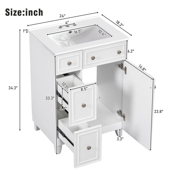 English Elm 24-Inch Bathroom Vanity Cabinet with Ceramic Sink, Space-Saving Storage, Solid Wood Feet, Durable Finish White WF532034AAK