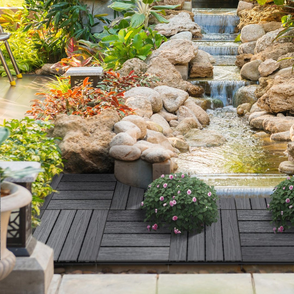 English Elm Outsunny Composite Interlocking Patio Tiles Wood Look Outdoor Flooring for Balcony Porch W2225P174539