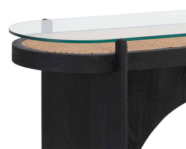 Sunpan ADORA Console Table: Handcrafted Rattan & Black Mango Wood, Perfect for Eclectic Living Spaces! 110642