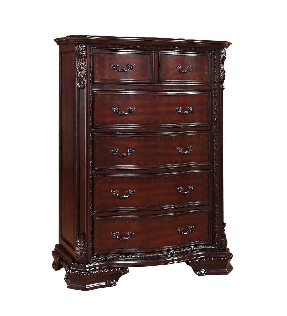 English Elm 1pc Six-Drawer Chest with Antique Brass Handles, Curved Silhouette, Dark Cherry Finish, Solid Wood, 42x20x54" B2741P366080