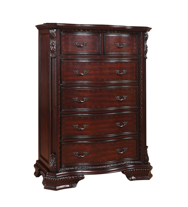 English Elm 1pc Six-Drawer Chest with Antique Brass Handles, Curved Silhouette, Dark Cherry Finish, Solid Wood, 42x20x54" B2741P366080