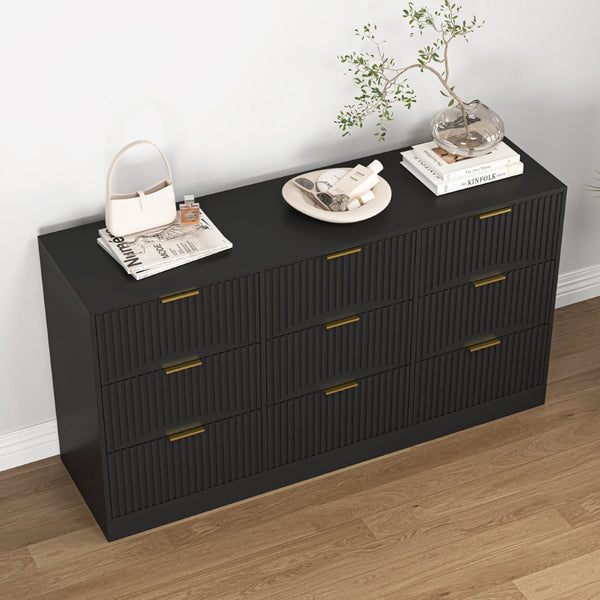 English Elm Black Nine Drawer Wide Dresser Matte Wood Chest with Wavy Relief Panels Bedroom Storage Black W409P307541