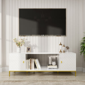 English Elm 70 Electric Fireplace TV Stand with Honeycomb Doors & Gold Legs, Sturdy MDF Console with Adjustable Shelves and Open Storage for Modern Living Room White 75.6 L x 19.3 W x 5.5 H T3609P332396
