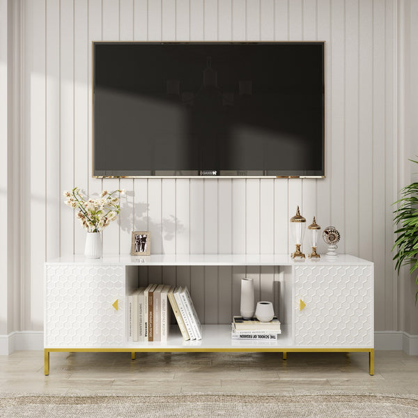 English Elm 70 Electric Fireplace TV Stand with Honeycomb Doors & Gold Legs, Sturdy MDF Console with Adjustable Shelves and Open Storage for Modern Living Room White 75.6 L x 19.3 W x 5.5 H T3609P332396