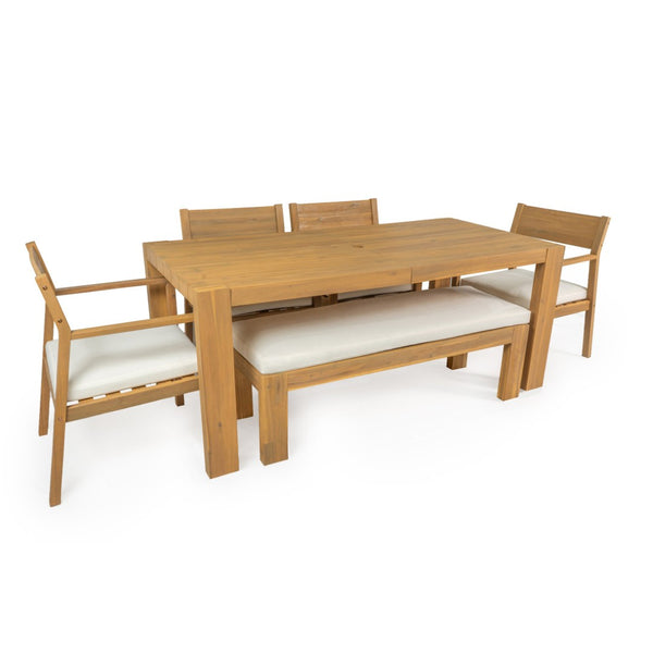 English Elm Trexm Outdoor Acacia Wood Dining Set Seats Six with Umbrella Hole and Cushioned Bench Beige,Light Teak TM000028AAD