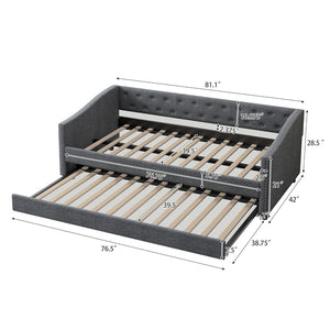 English Elm Twin Size Daybed With Trundle - Elegant Upholstered Sofa Bed In Dark Grey With Button Tufting & Copper Accents W2336S00041-GIGA