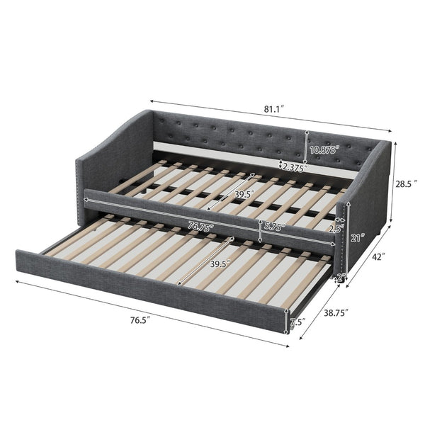 English Elm Twin Size Daybed With Trundle - Elegant Upholstered Sofa Bed In Dark Grey With Button Tufting & Copper Accents W2336S00041-GIGA