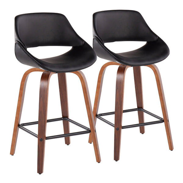 English Elm Fabrico Mid-Century Modern Counter Stool Set Of 2 In Walnut & Black Faux Leather With 360° Swivel B202S00256