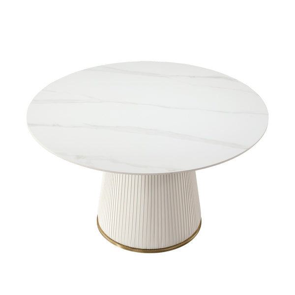English Elm 53 Inch Round Sintered Stone Dining Table Carrara Marble Look Seats Eight W509S00172