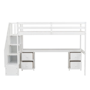 English Elm Twin Loft Bed with Built-In Desk and Double Storage Drawers, Pine & MDF Frame for Small Rooms White GX000382AAK