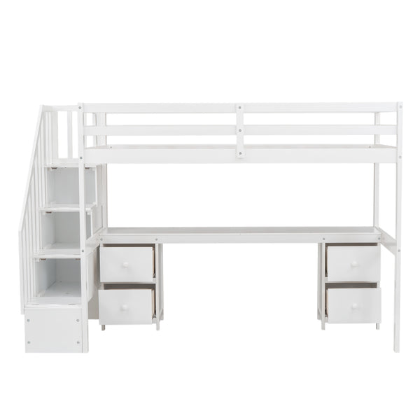 English Elm Twin Loft Bed with Built-In Desk and Double Storage Drawers, Pine & MDF Frame for Small Rooms White GX000382AAK