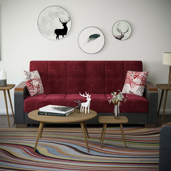 English Elm PrimeNest ZenAero Upholstered Wood Trim Convertible Sofabed with Storage, Click-Click Sleeper Comfort Burgundy B030P286537