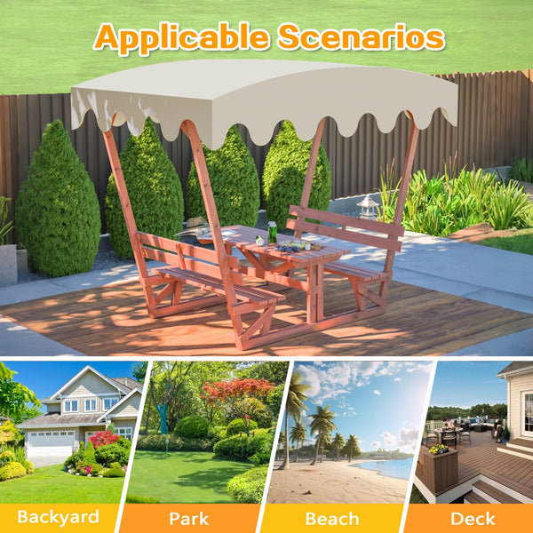 English Elm Outdoor Waterproof Solid Wood Picnic Table & Bench Set with Removable Canopy — Durable, All-Weather Seating for Patios, Gardens, Decks, Parks, Beaches W1422S00057