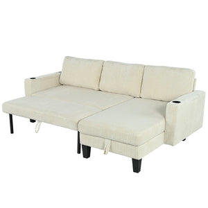 English Elm Reversible Sectional Sofa with Storage Chaise, USB Ports, Cup Holders, Corduroy Sleeper Sofa for Home Comfort Beige W680S00033
