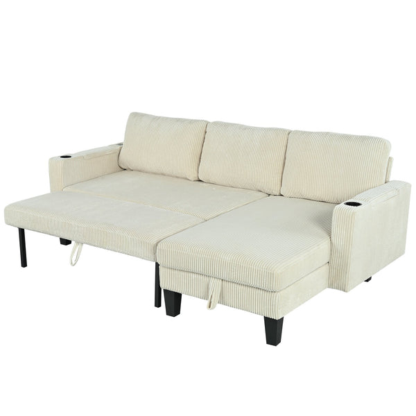 English Elm Reversible Sectional Sofa with Storage Chaise, USB Ports, Cup Holders, Corduroy Sleeper Sofa for Home Comfort Beige W680S00033