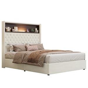 English Elm Full Velvet Wingback Platform Bed Tufted Headboard Shelf Usb Port Rivet Trim N733P368653A
