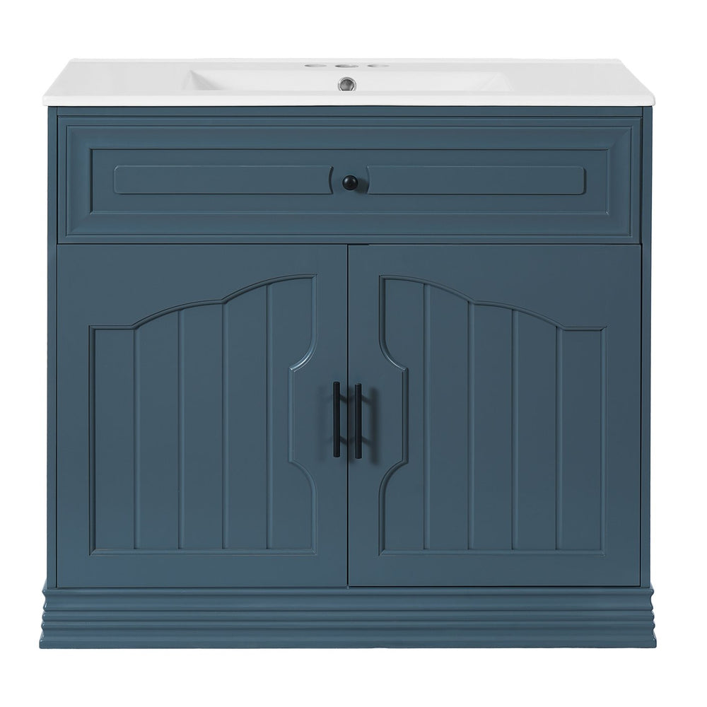 English Elm 36" Luxurious Bathroom Vanity with Ceramic Sink and Soft-Close Doors, Solid Wood Frame, Adjustable Shelves Blue N710P288944C