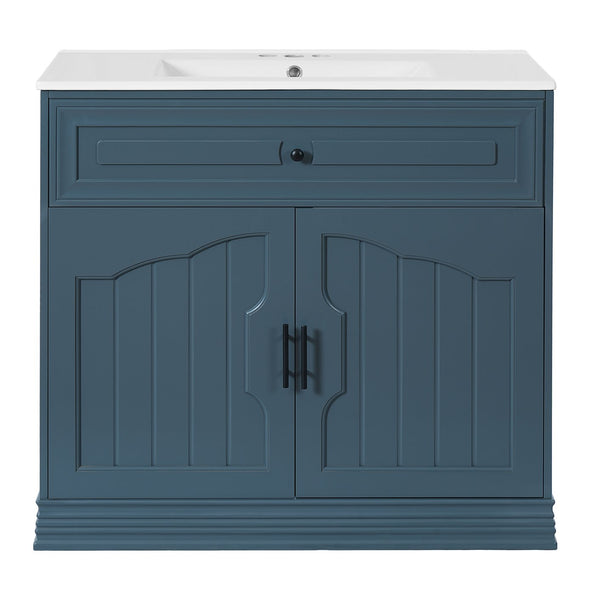 English Elm 36" Luxurious Bathroom Vanity with Ceramic Sink and Soft-Close Doors, Solid Wood Frame, Adjustable Shelves Blue N710P288944C