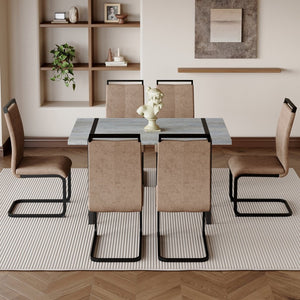 English Elm Table Modern Minimalist Grey Marble Mdf Dining Set With 6 Comfortable Brown Chairs & Metal Frame W1151S02682-GIGA