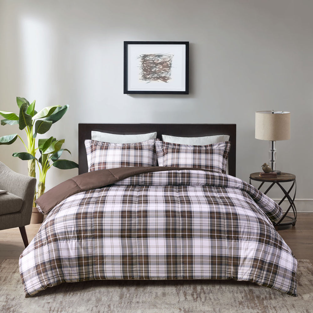 JLA Home Madison Park Essentials - 3M Scotchgard ultra-soft plaid down alternative comforter set – all-season breathable, antimicrobial protection and tailored shams (Twin) Brown MPE10-949