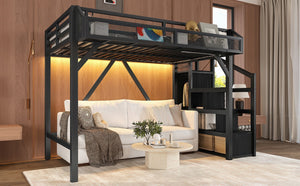 English Elm Full Xl Over Twin Triple Metal Bunk Bed with Storage Stairs and Shelves Black Black+Natural W1580S00407