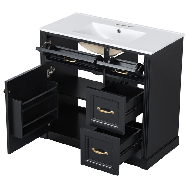 English Elm 36 Inch Bathroom Vanity With Sink & Soft-Close Drawers - Modern Black Cabinet For Smart Storage N725P336549B