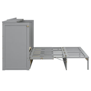 English Elm Full Size Murphy Wall Bed Cabinet with Rattan Panel Detailing and Storage Drawers Gray N708P336203E