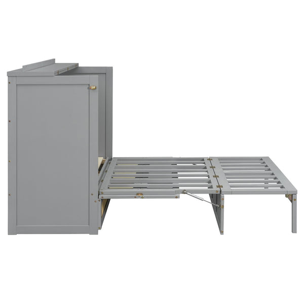 English Elm Full Size Murphy Wall Bed Cabinet with Rattan Panel Detailing and Storage Drawers Gray N708P336203E