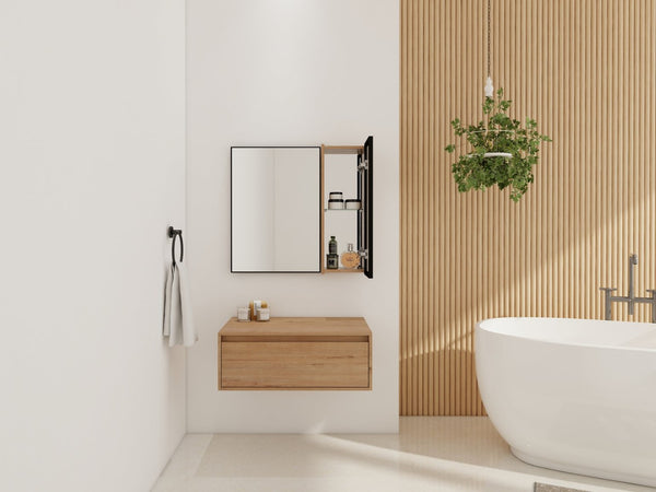 English Elm 30'' Wall Mounted Mirror Cabinet Black Aluminum Acrylic Door Floating Bathroom Storage W999S00538