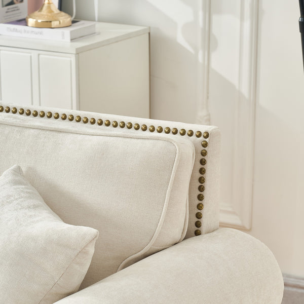 English Elm 63" Modern 2-Seater Sofa with Chenille Velvet, Rolled Arms, Nailhead Trim, Solid Wood Frame Durable Beige W3373S00020