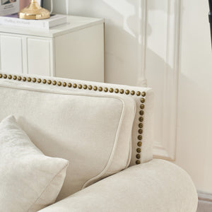 English Elm Modern Chenille 3+2 Seater Sofa with Rolled Arms, Velvet Touch, Nailhead Trim, Solid Wood Legs, Cozy Beige W3373S00022