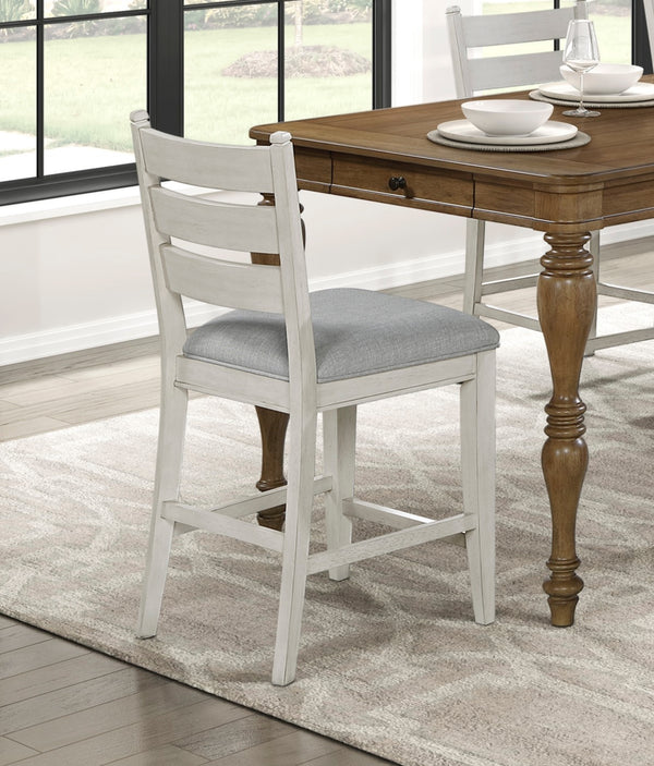 English Elm Farmhouse Weathered White Counter Height Ladder-Back Chairs Set of 2 with Padded Textured Seats for Cozy Kitchen Island Seating Durable Wood Frame Rustic Charm Antique White 43 L x 20 W x 14 H B011P347892