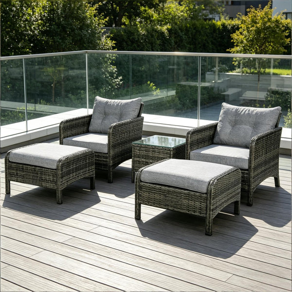 English Elm 5 Piece Pe Wicker Patio Lounge Set with Armchairs Ottomans and Glass Coffee Table T3971S00235