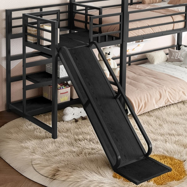 English Elm Twin House Bunk Bed with Slide Storage Stairs and Safety Rails for Kids Rooms W1580S00648