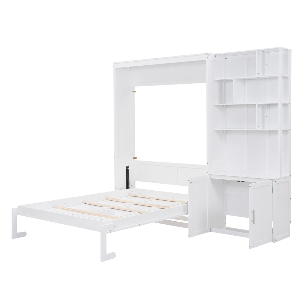 English Elm Full Full Size Murphy Bed with Hidden Cabinet, Multiple Shelves, Space-Saving White Design, 600lb Capacity GX000383AAK